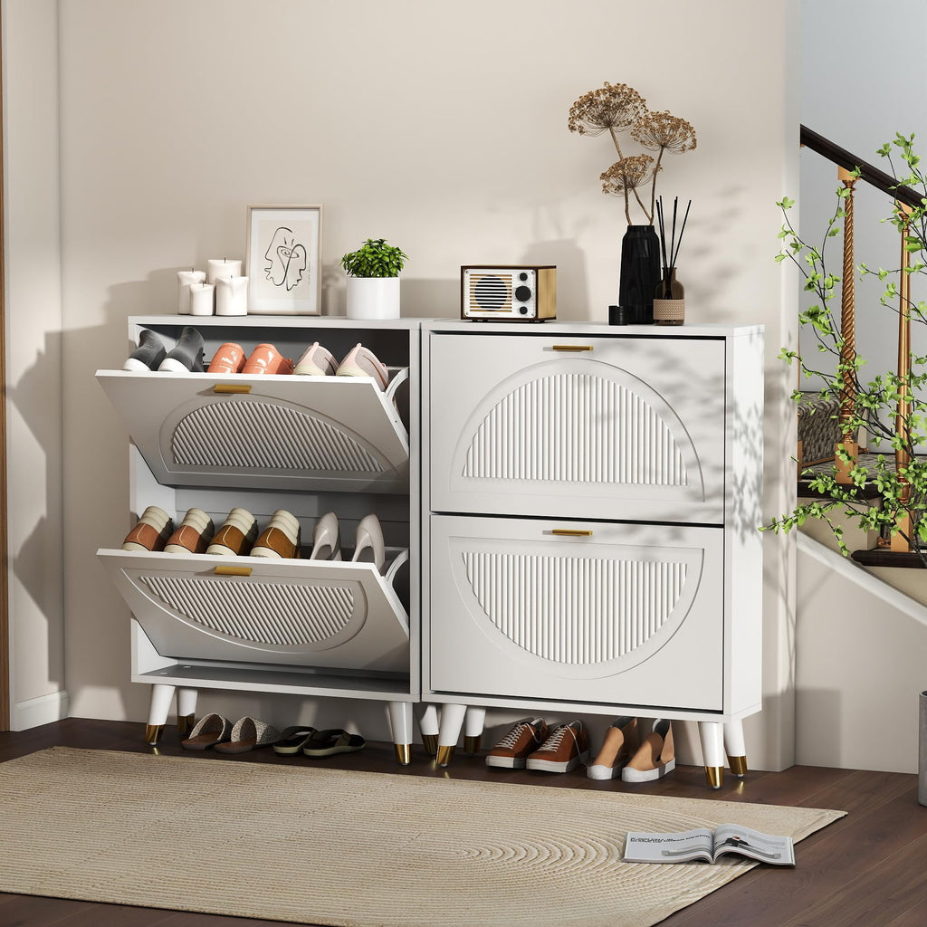White Narrow Shoe Cabinet Storage with 2 Flip Drawers