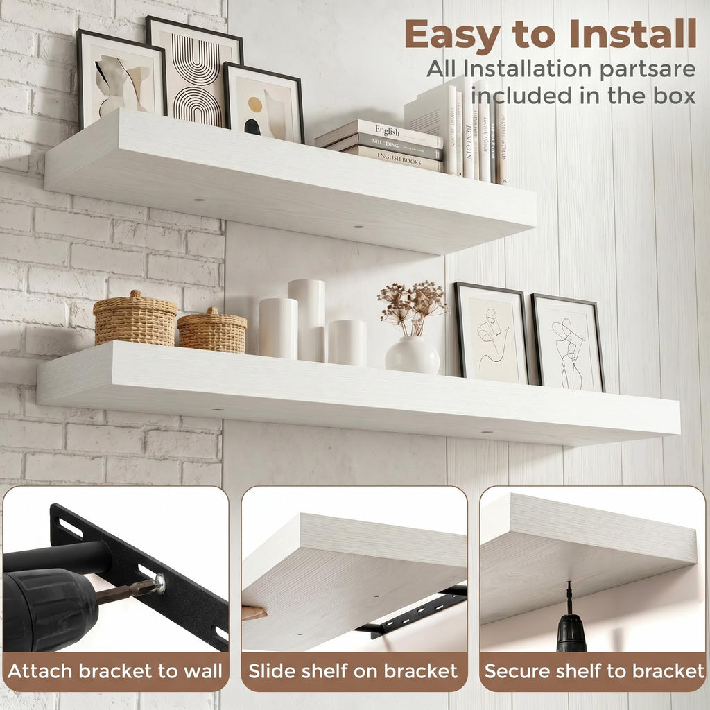 72 Inch Floating Shelves for Wall, 8"D Wood Storage Shelves, White Finish