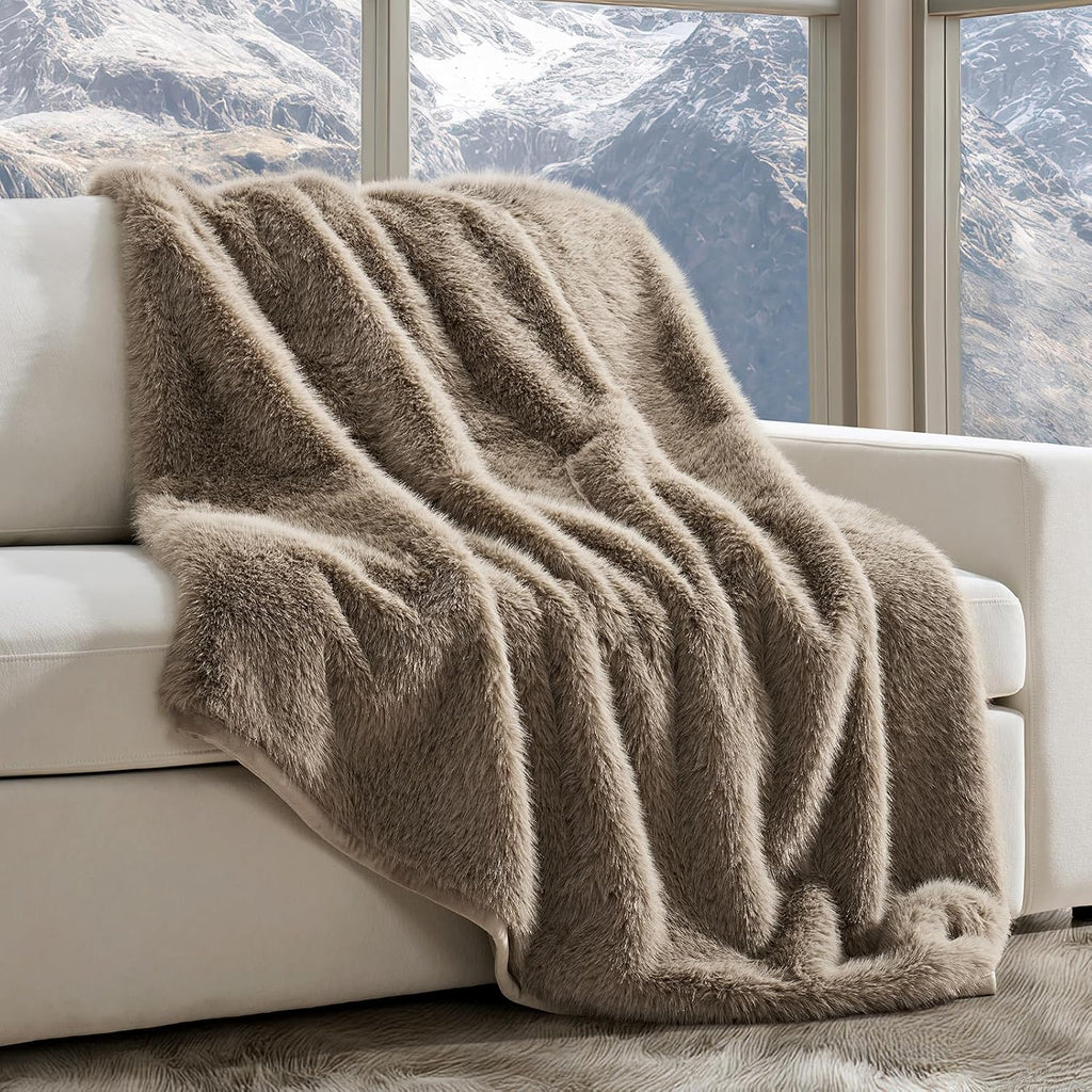 Luxury Faux Fur Throw Blanket, 50"x60", Natural Mink | Fluffy Faux Mink Blanket, Soft Cozy Plush, Thick Warm Winter