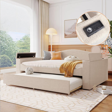 Upholstered Daybed with Trundle, Full Size Day Bed Frame with Storage Armrests, USB Ports