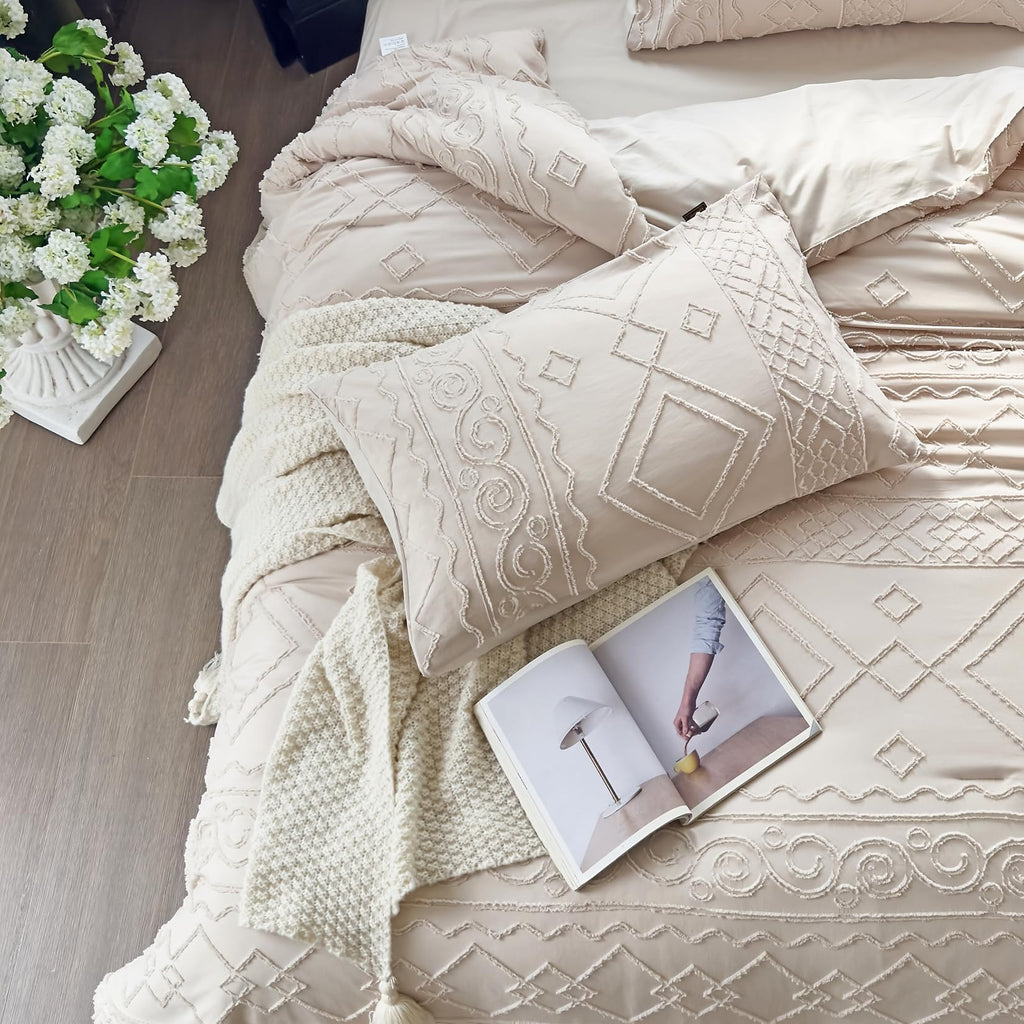 Boho King Size Comforter Set Beige Tufted Geometric All Seasons