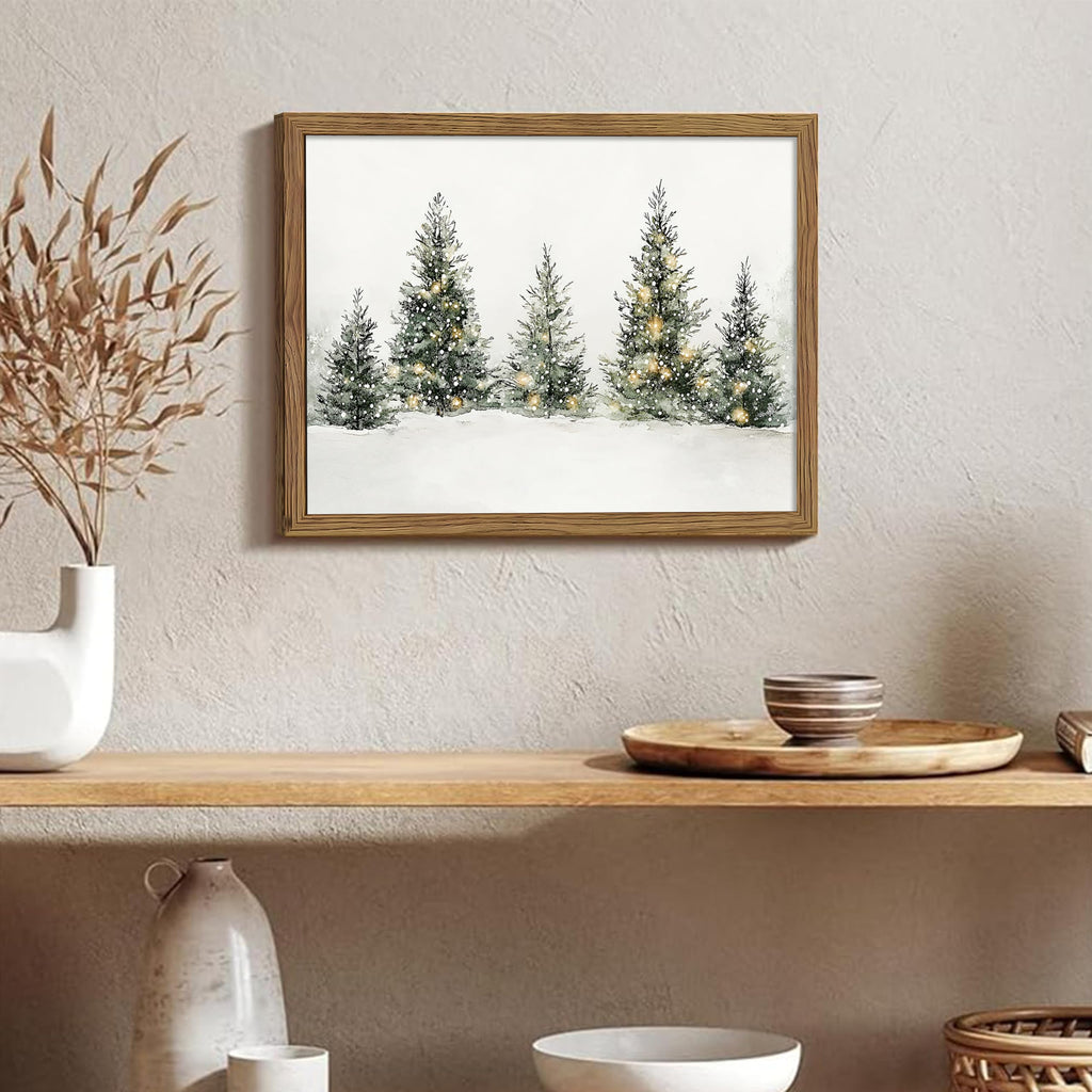 Vintage Christmas Pine Tree Wall Art, Nature Snowy Forest Canvas Wall Decor Painting, Neutral Farmhouse Christmas