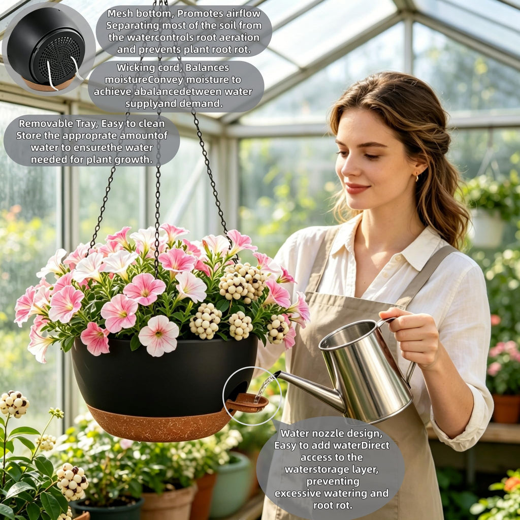 12" Self Watering Hanging Planters with Chains, Black Brown, 2 Pack