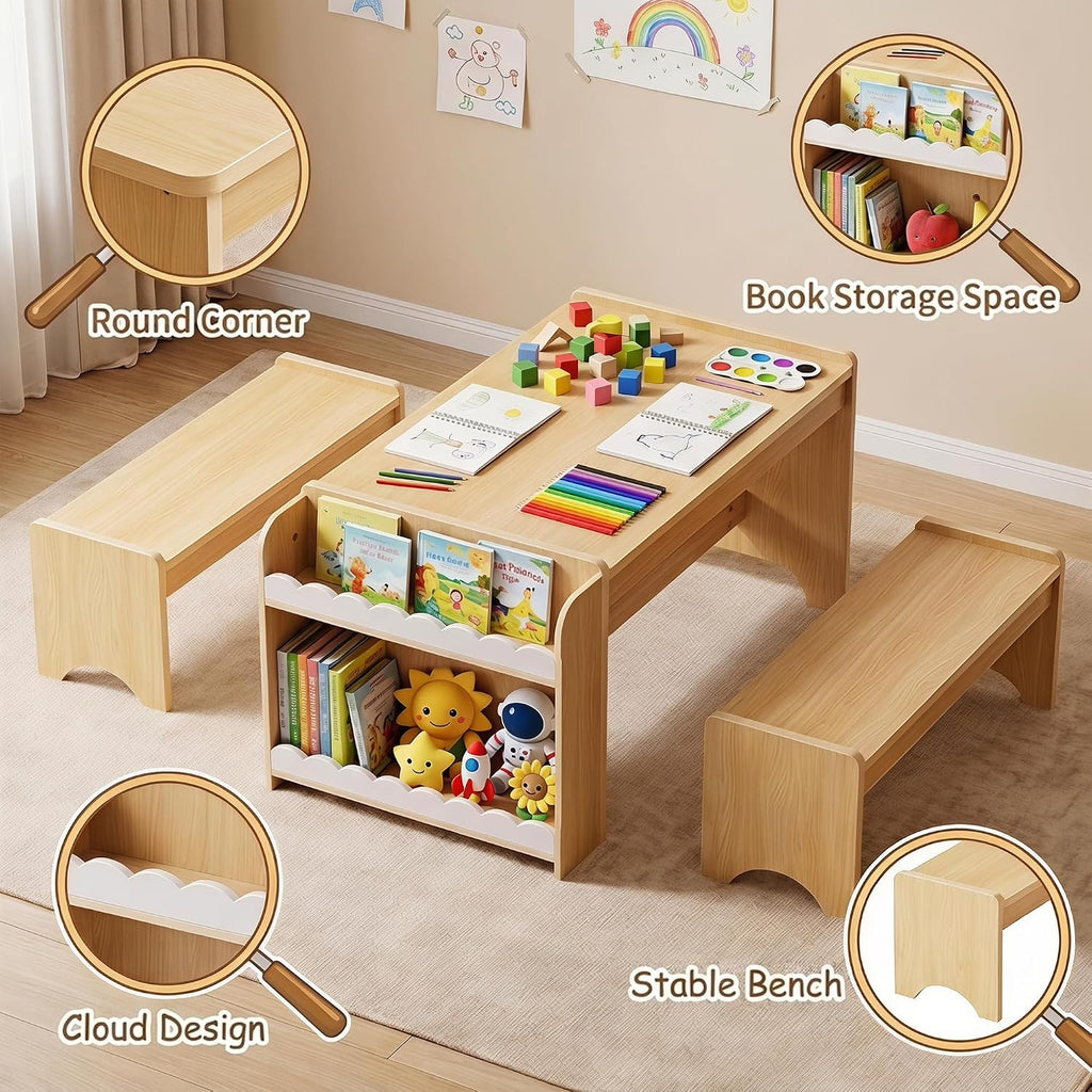 Kids Table and Bench Set, Montessori Kids Table and Chair Set, Indoor Wooden Toddler Activity Table with Bookshelves