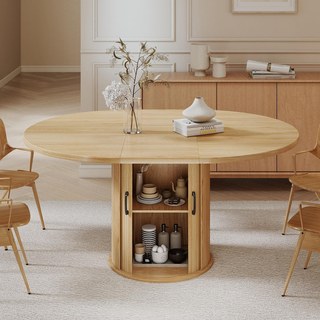 47.2"-63" Extendable Dining Room Table for 4-8, Round-to-Oval Expandable Dining Table with Dust-Proof 2-Tier Shelf