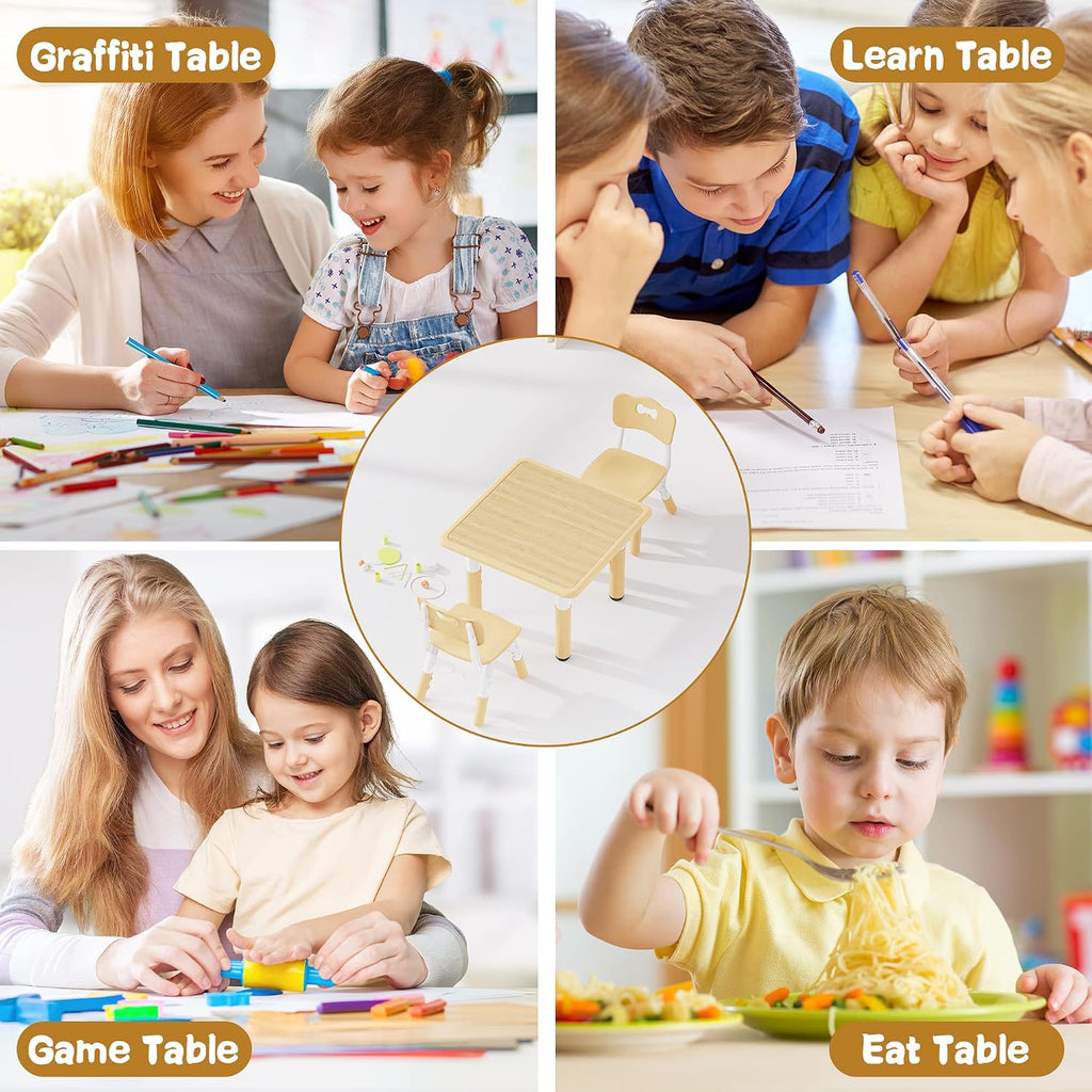 Height Adjustable Toddler Table and 2 Chairs Set, Beige