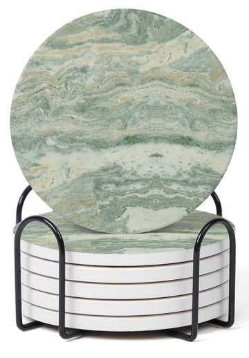 Set of 6 Sage Green Abstract Onyx Marble Coasters with Holder, Absorbent Ceramic Coasters for Drinks, Coasters with