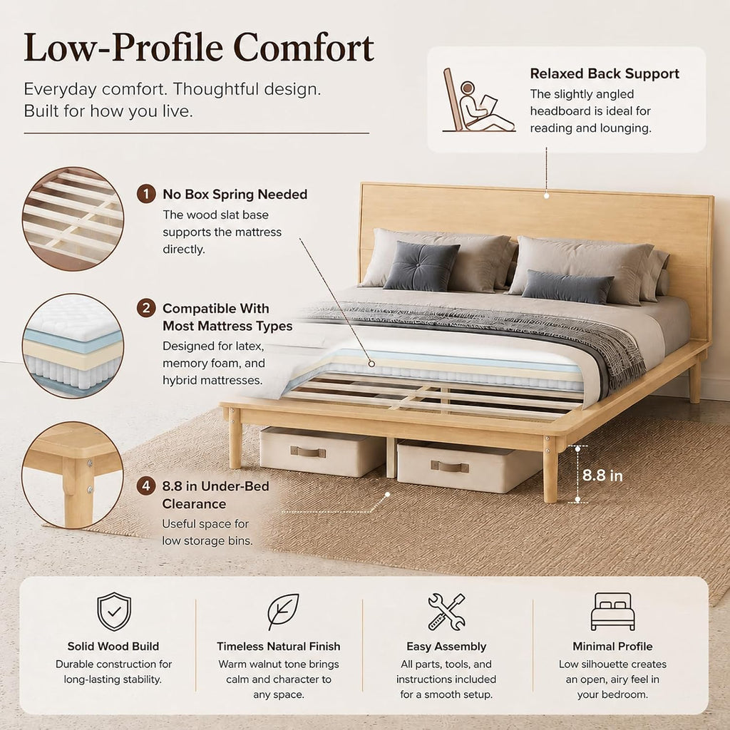Low Profile Japanese Joinery Bed Frame with Headboard, Natural