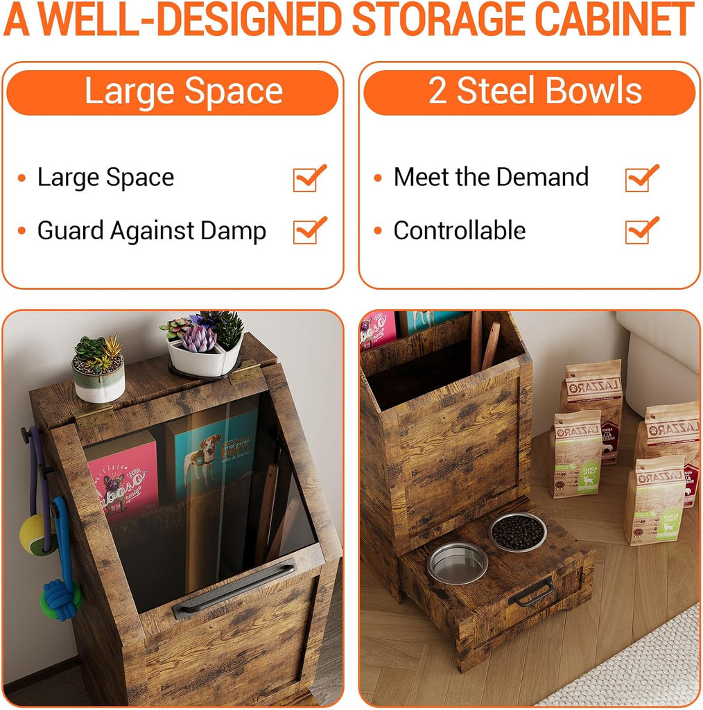 Top Opening Dog Feeding Station, Wooden Dog Food Storage Cabinet with 2 Elevated Dog Bowls, 3 Hooks, Hidden Design