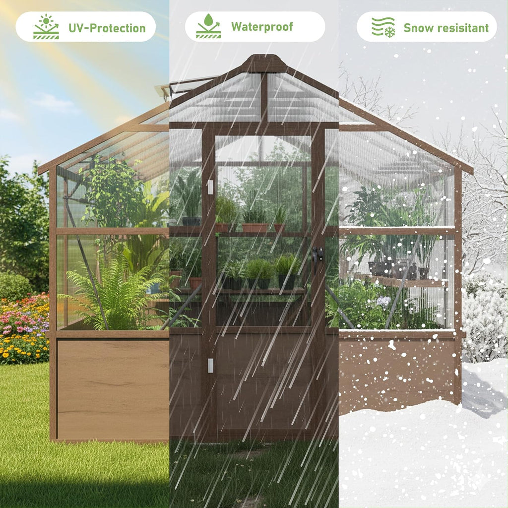 8x16 FT Wooden Walk in Polycarbonate Greenhouse for Outdoors | Heavy Duty Green Houses with Locked Door, Roof Vent
