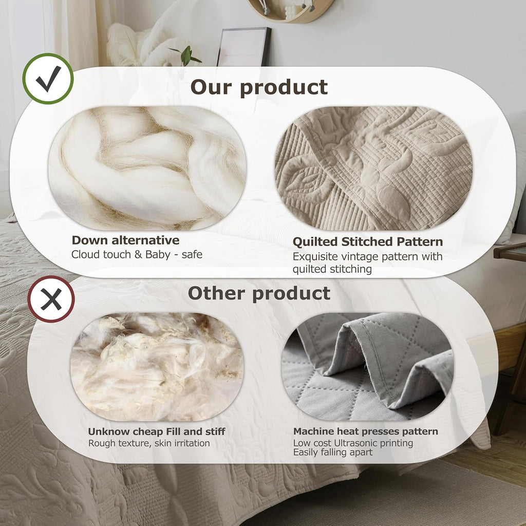 Beige Damask Quilt King Bedding Sets with 2 Pillow Shams, Boho Bedspread Lightweight Soft Farmhouse Vintage Bohemian