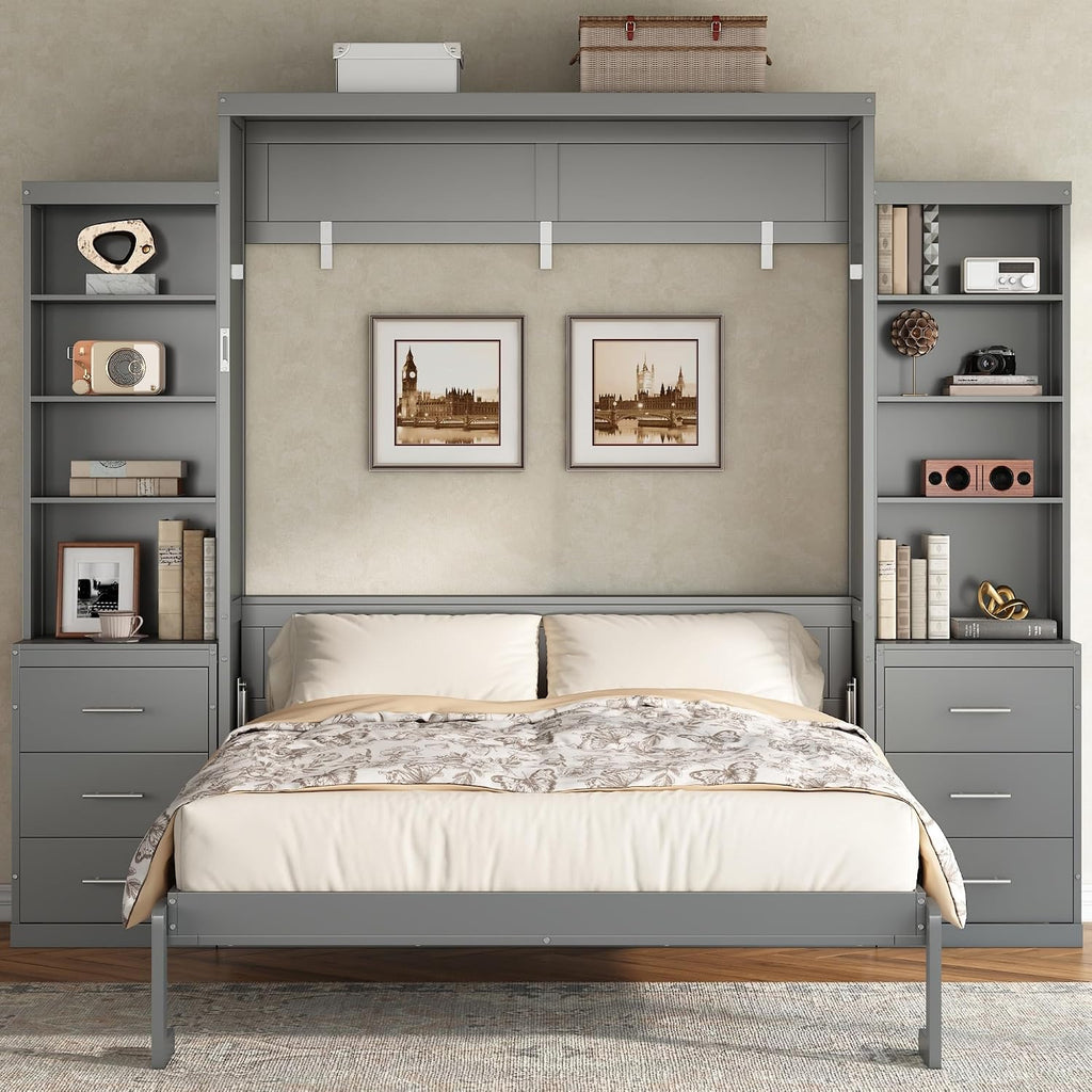 Murphy Bed Queen,Murphy Bed with Storage Shelves and Drawers,Wall Bedframe w/Wood Slatk,can be Folded,No Box Spring