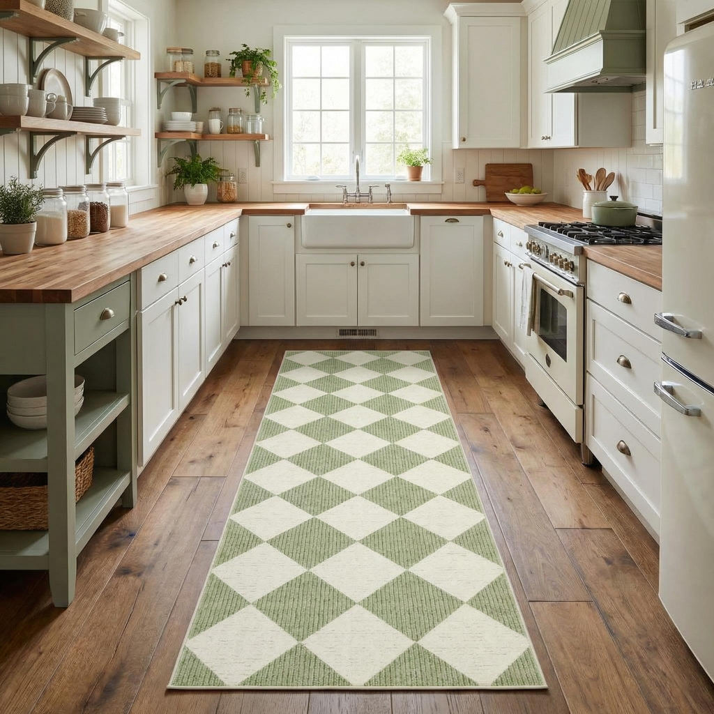 Checkered Rug Runners Hallway Sage Green Kitchen Runner