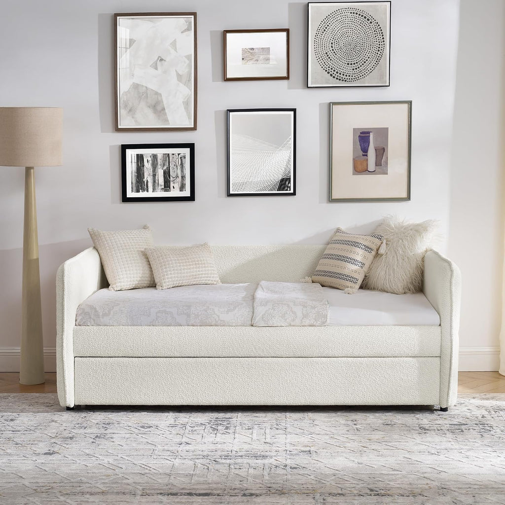 Full Size Daybed with Pop Up Trundle Boucle Upholstered Beige Soft Bou