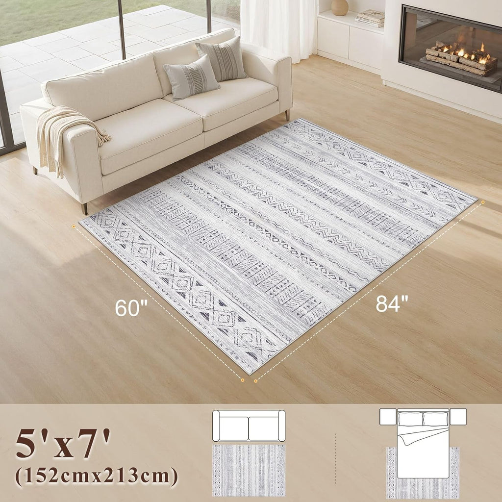 5x7 Area Rug Living Room: Washable Boho Rugs with Non Slip Backing Large Soft Indoor Stain Resistant Carpet for