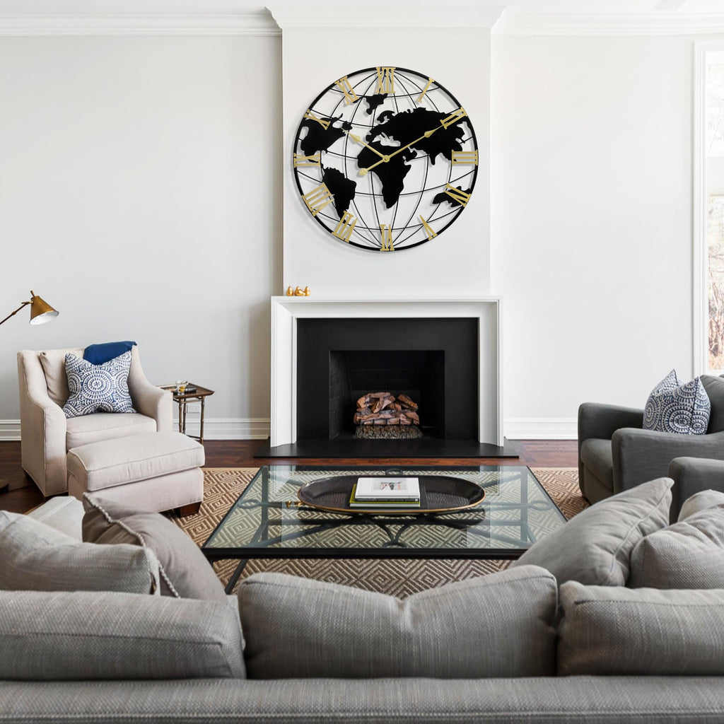 Large Wall Clock 40IN, World Map Modern Style Wall Clocks, Big Clock for Wall Living Room Decor, Office Wall Decor