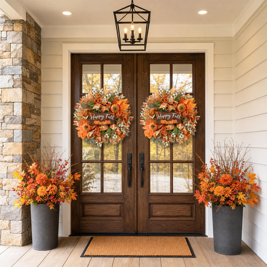 Fall Decor, Fall Wreaths for Front Door, 20" Wreath Mesh Bow with Wood Sign
