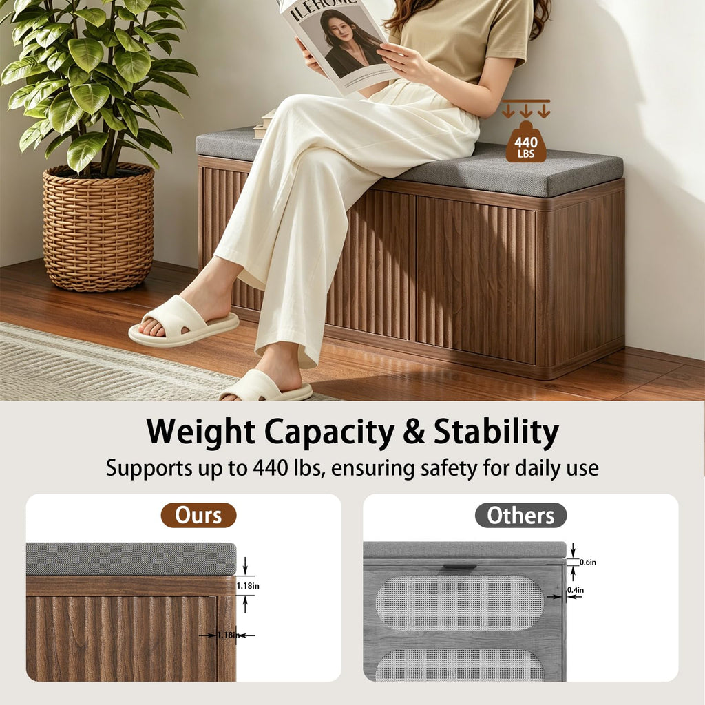 41.3" Shoe Storage Bench with Cushion, Adjustable Shelves, 440lbs, Walnut