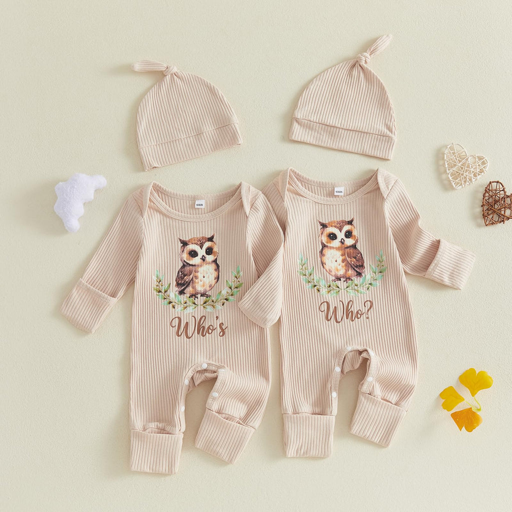 Newborn Baby Boy Girl Twins Matching Outfits Knit Romper Jumpsuit, Who, NB
