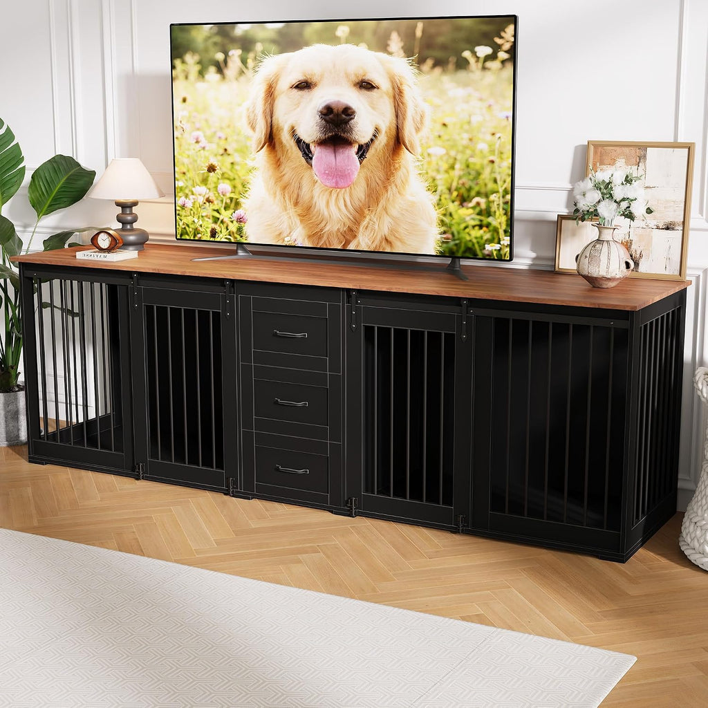 Large Dog Crate Furniture, Farmhouse Double Dog Kennel TV Stand w/ 3 Drawers
