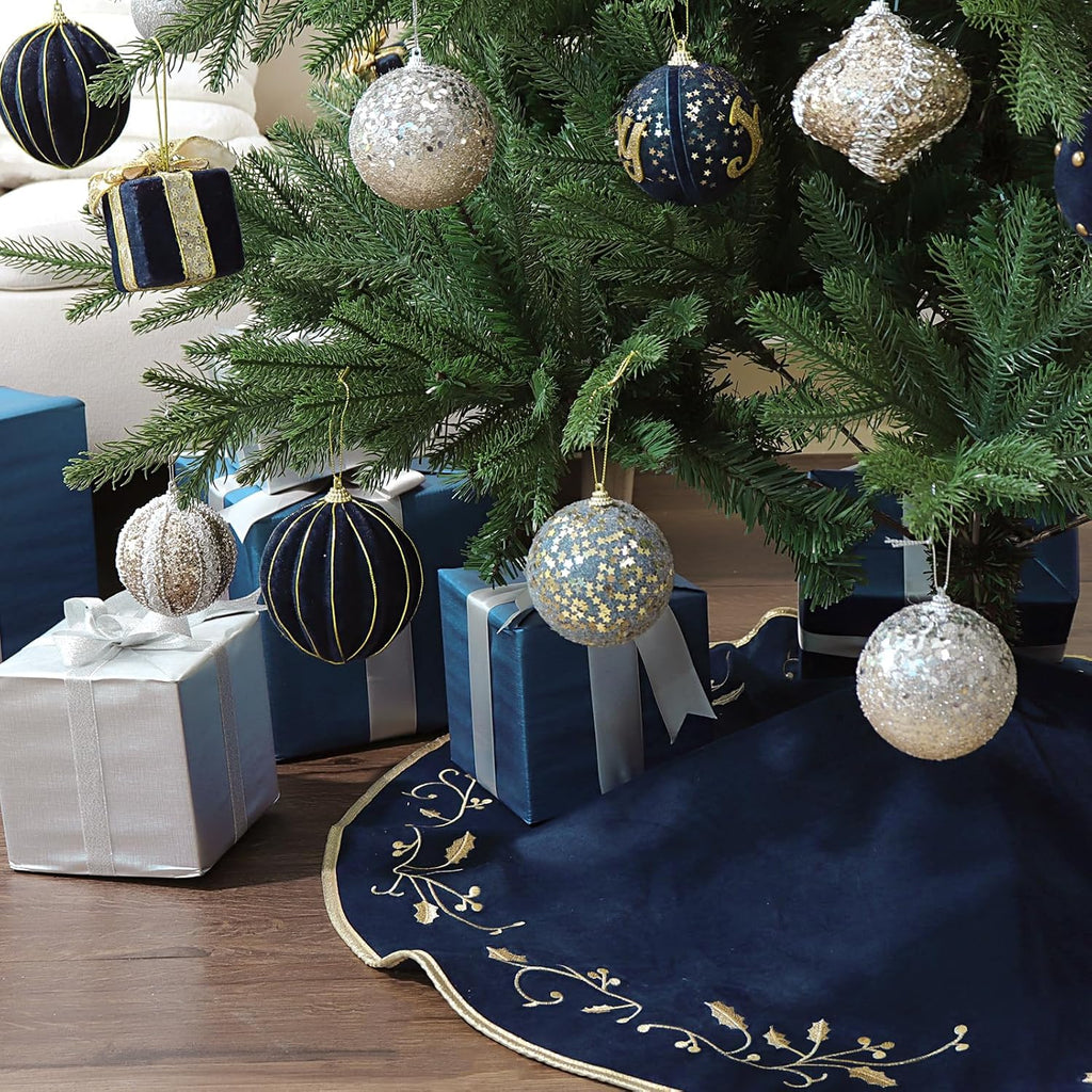 Christmas Tree Skirt, 36 inches Large Velvet Fur Plush Blue Tree Skirt, Xmas Tree Skirts with Gold Embroidered Holly