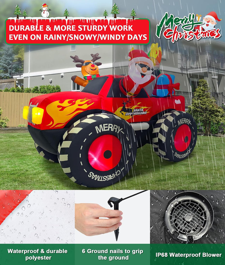 7FT Christmas Inflatable Outdoor Decoration, Inflatable Santa Claus & Reindeer on Monster Truck, Blow Up Yard