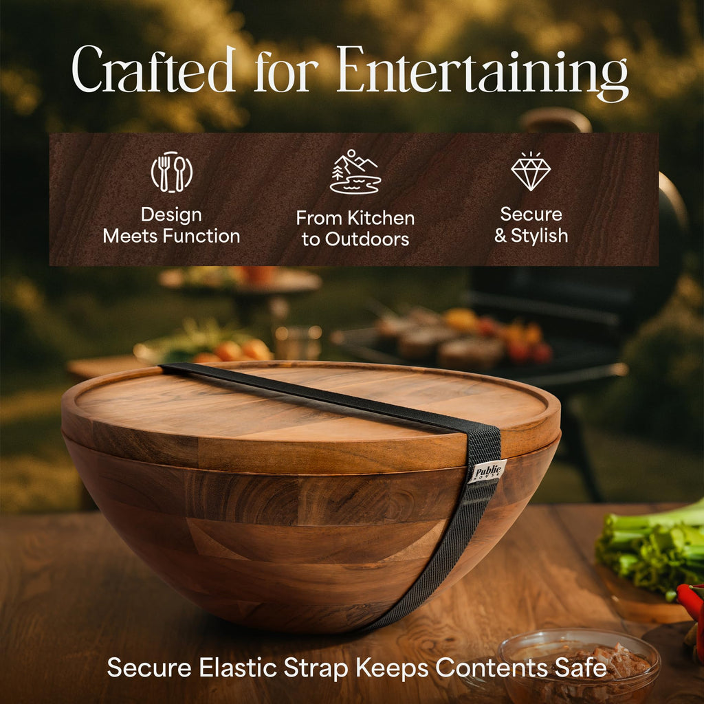Large Wooden Salad Bowl Set 12.5 Inch with Serving Utensils, Tray Lid and Carry Strap. Acacia Wood Large Salad Bowls
