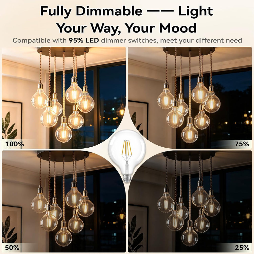 G125 Large LED Globe Light Bulbs 60 Watt Equivalent, 8W Dimmable
