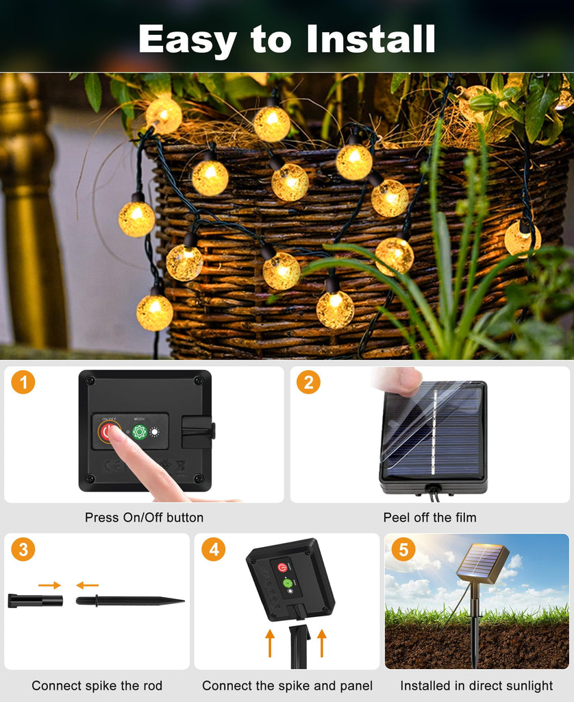 2 Pack Solar String Lights Outdoor, Total 98FT 100 LED Crystal Globe