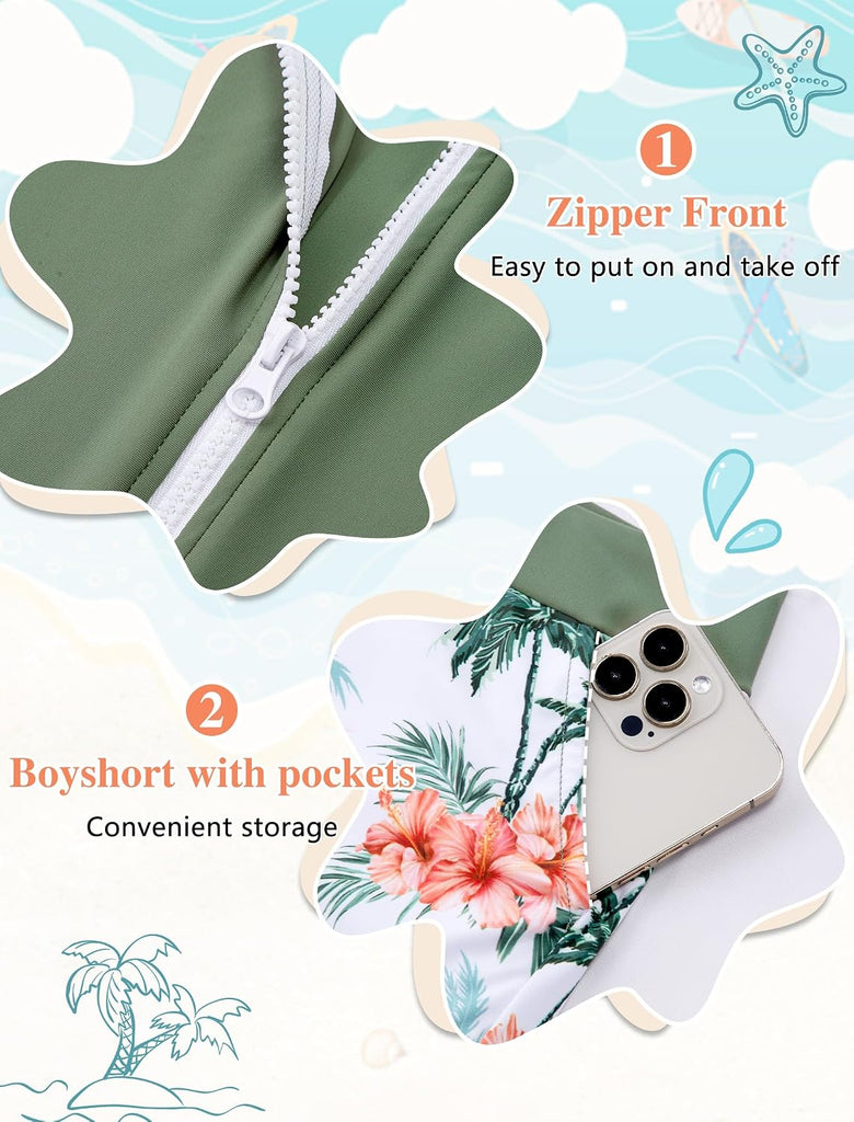Rash Guard for Girls Long Sleeve 3 Piece Teens Swimsuits Zip Up Bathing Suit with Pockets Boyshorts