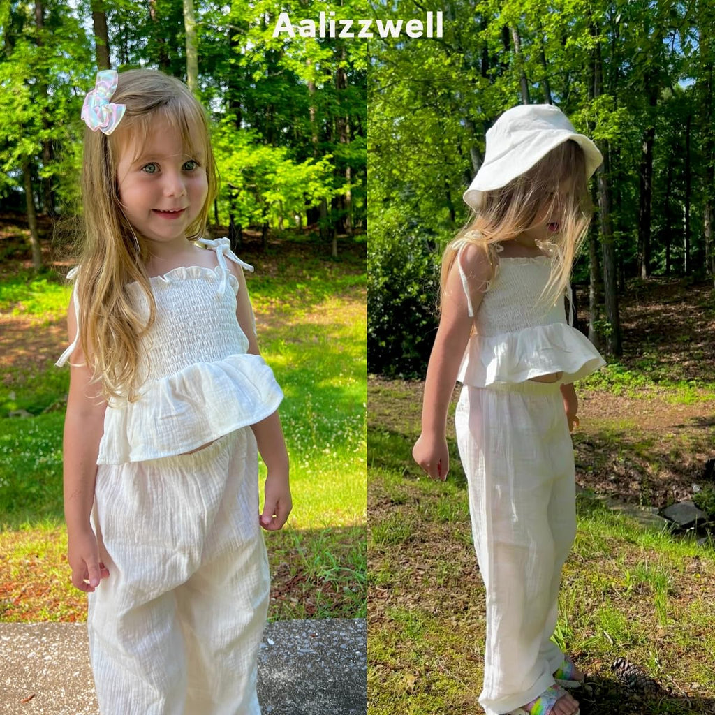Toddler Girls Summer Clothes Halter Smocked Outfit Linen Sleeveless Clothing White