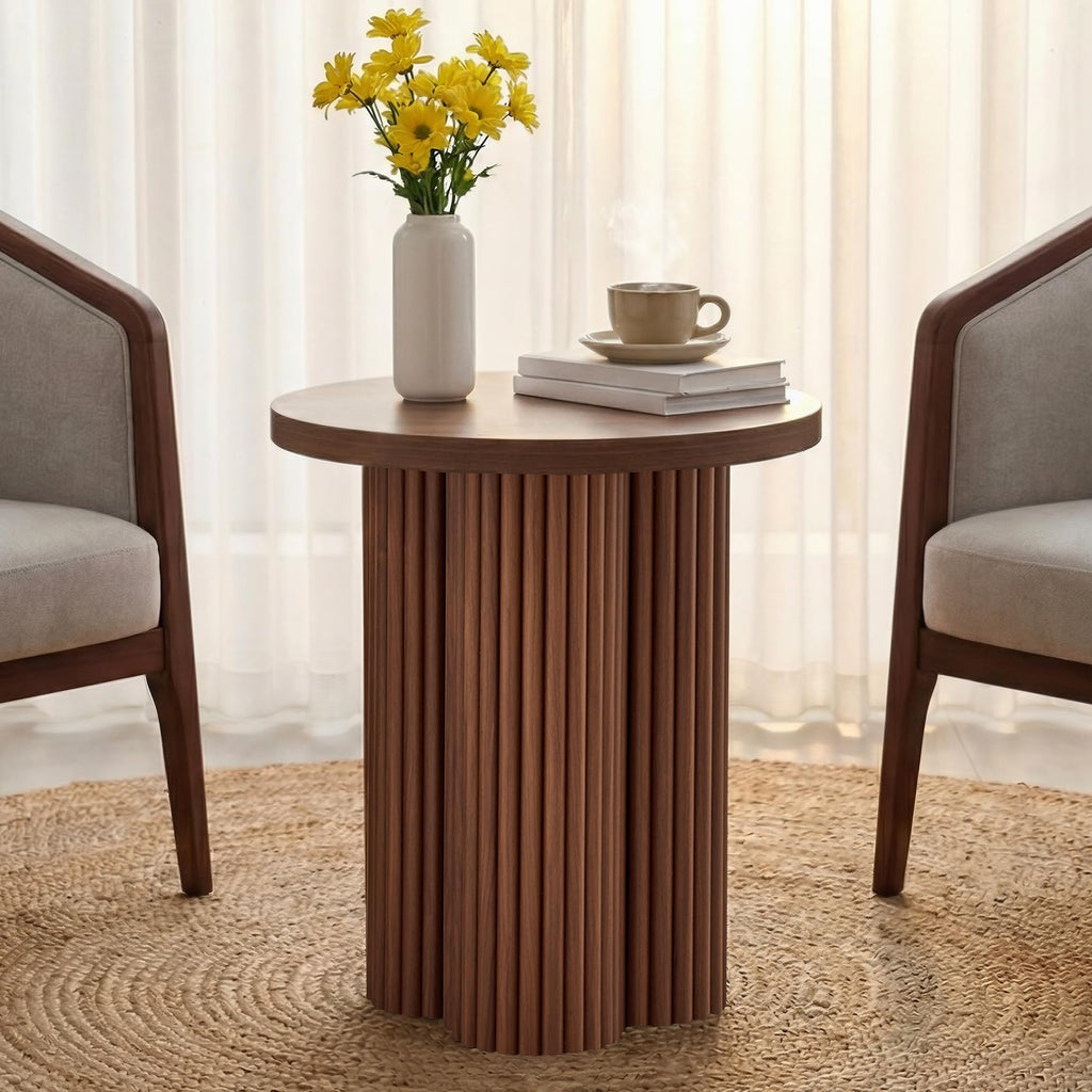 Round Fluted End Table, 17.7'' Mid Century Modern Side Table, Circle Bedside Tables Drink Table Wood Nightstand for