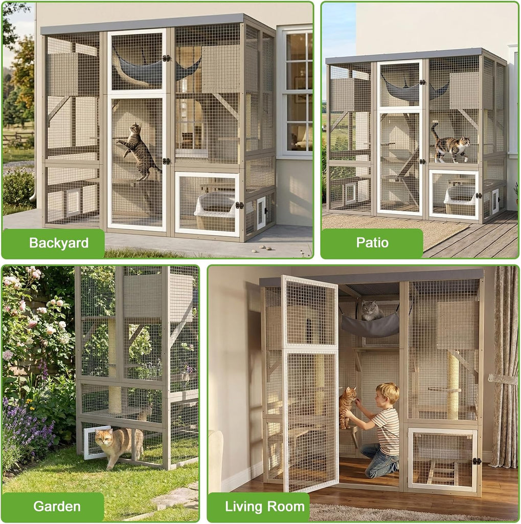 Large Catio Outdoor Cat Enclosure, Walk-in Cat Patio with 4 Levels, Cat Condo Hammock & Scratching Posts, Flat Roof