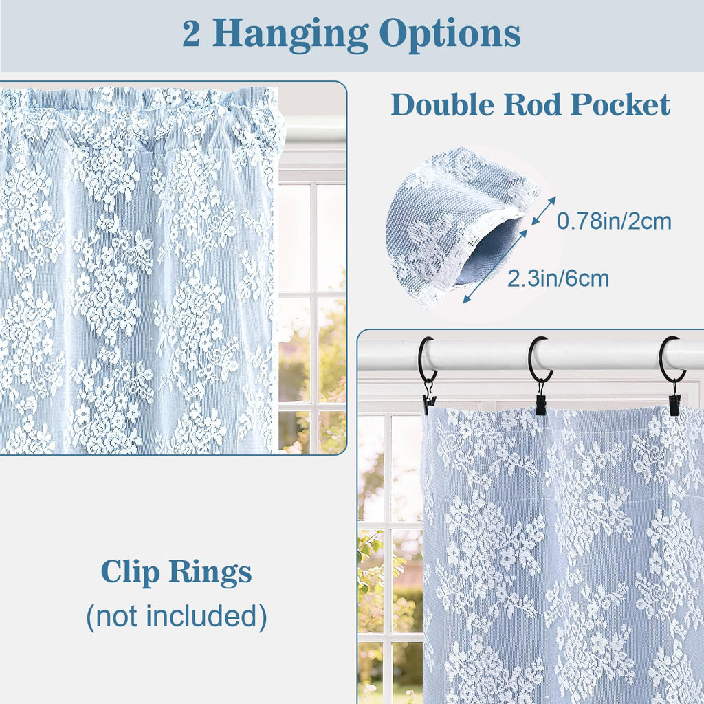 Blue Kitchen Curtains 36 Inch Length Double Layer Blackout Cafe Curtains with Floral Sheer Overlay Rod Pocket Short