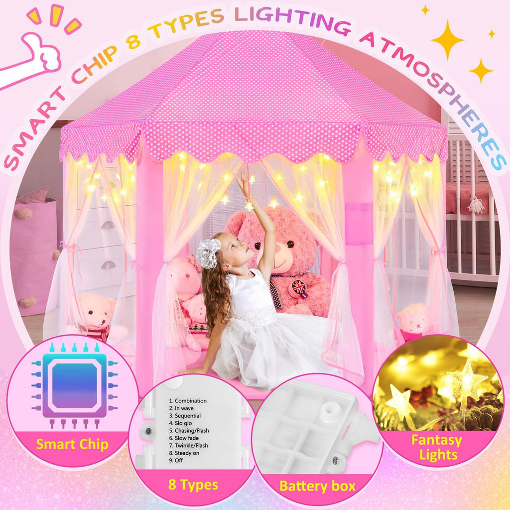 Princess Tent with Lights and Rug, Play Tent for Girls, Kids Tent Indoor and Mat, Princess Castle Playhouse Tent
