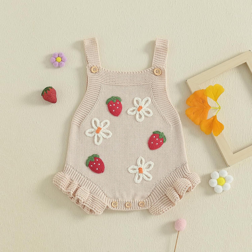 Newborn Infant Baby Girl Clothes Strawberry Embroidery Sleeveless Knit Ruffle Romper Sweater Overalls Bodysuit