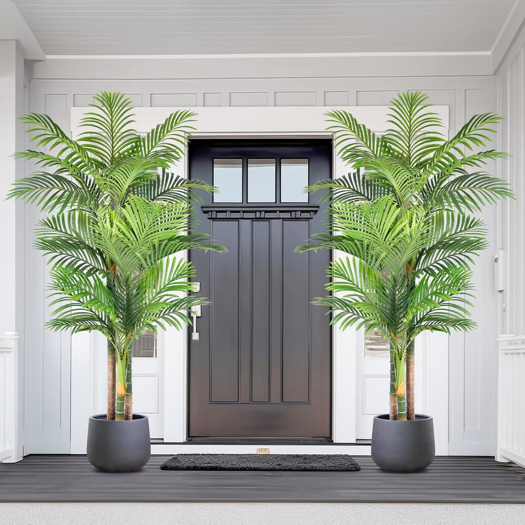 6ft Tall Triple Golden Cane Palm Artificial Tree 72inch Large Tropical Palm Tree UV Resistant Fake Plant in Pot - Set of 2