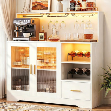 Wine Bar Cabinet with LED Lights Power Outlet Liquor White