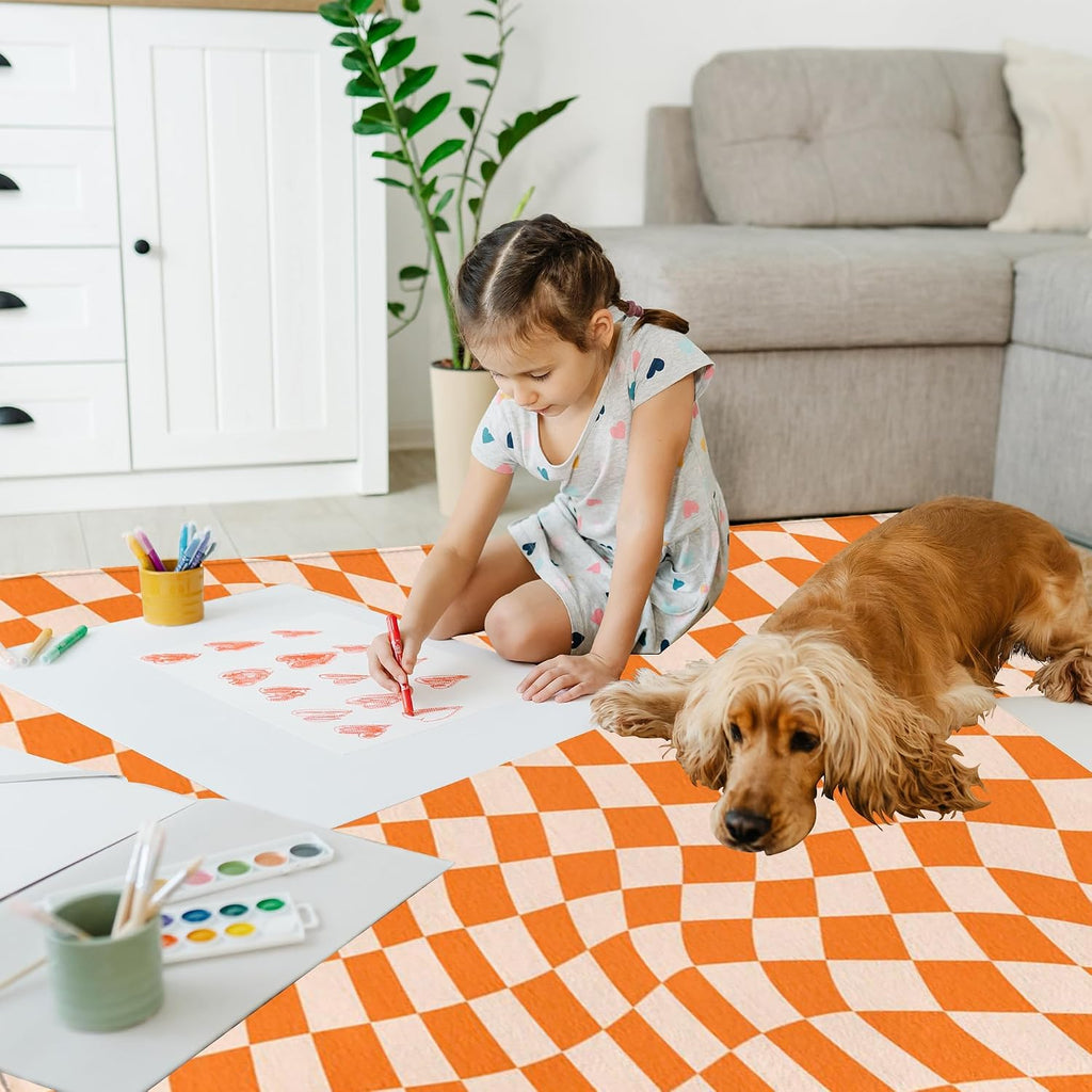 Orange Checkered Area Rug,Autumn Washable Area Rug 5x7 Large Rugs Non-Slip Soft Low Pile Carpet Rug Bedside Dining