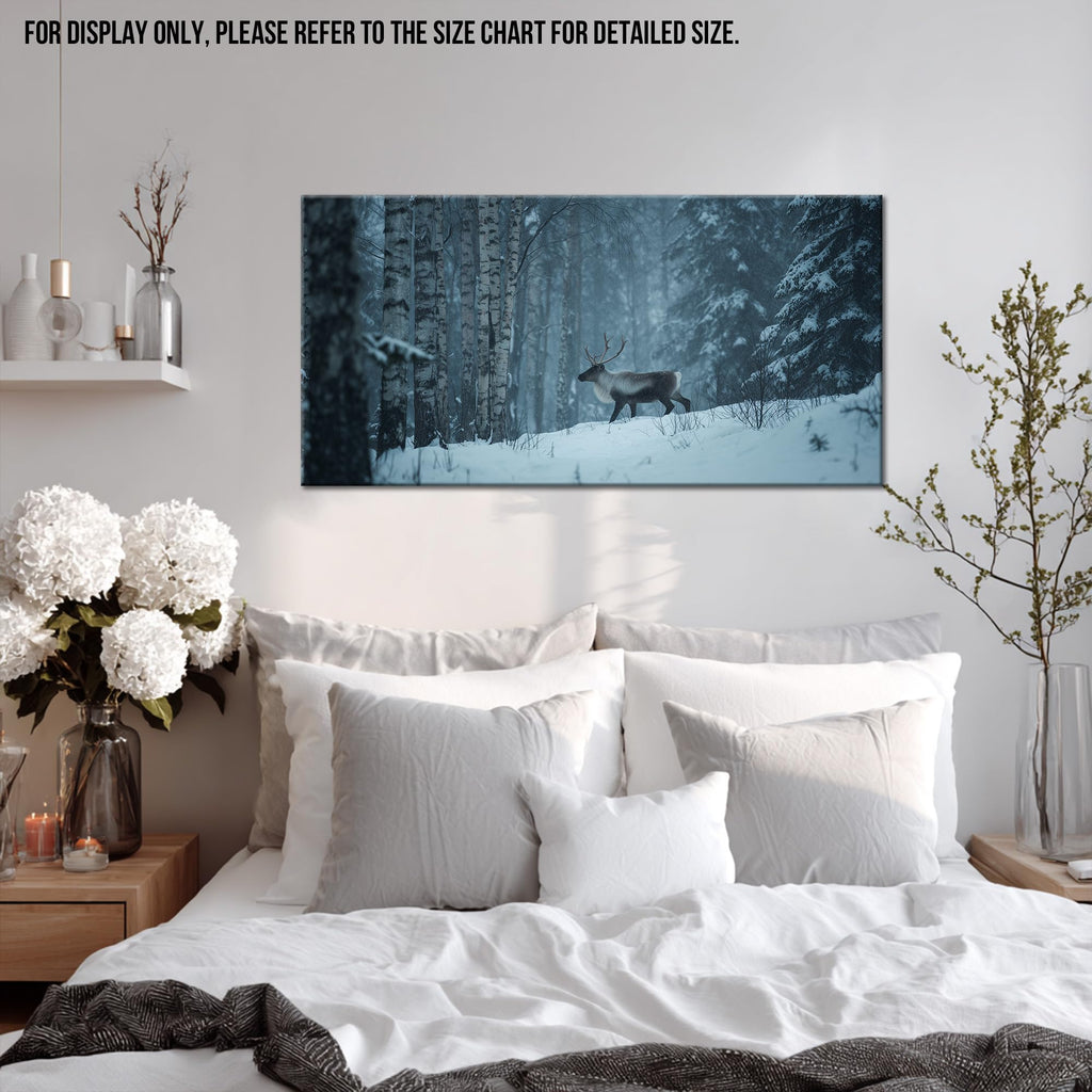 Winter Wall Art Natural Animal Canvas Prints, Rustic Reindeer Painting Christmas Pictures Monochrome Woodland Snow