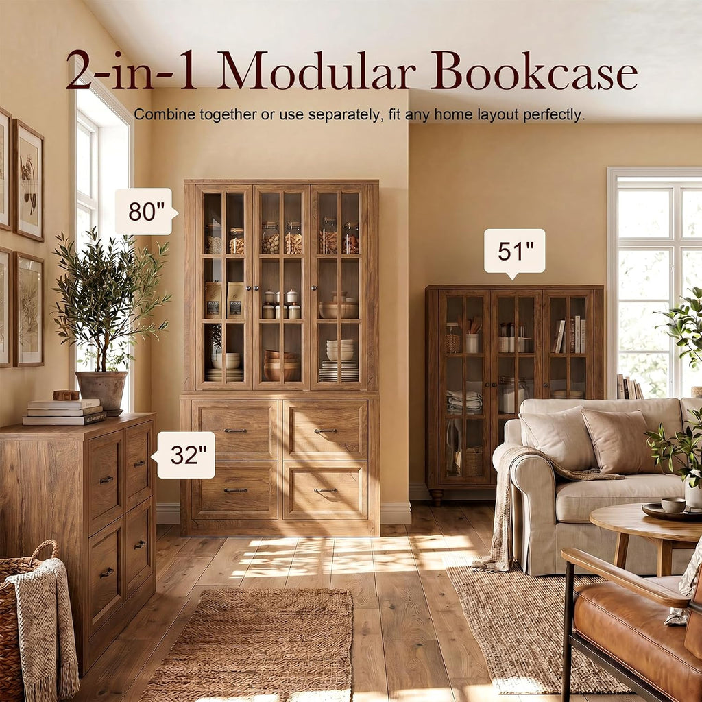 80" Tall Storage Cabinet with Glass Doors, 2-in-1 Modular Bookcase Cabinet, Freestanding Kitchen Pantry Storage