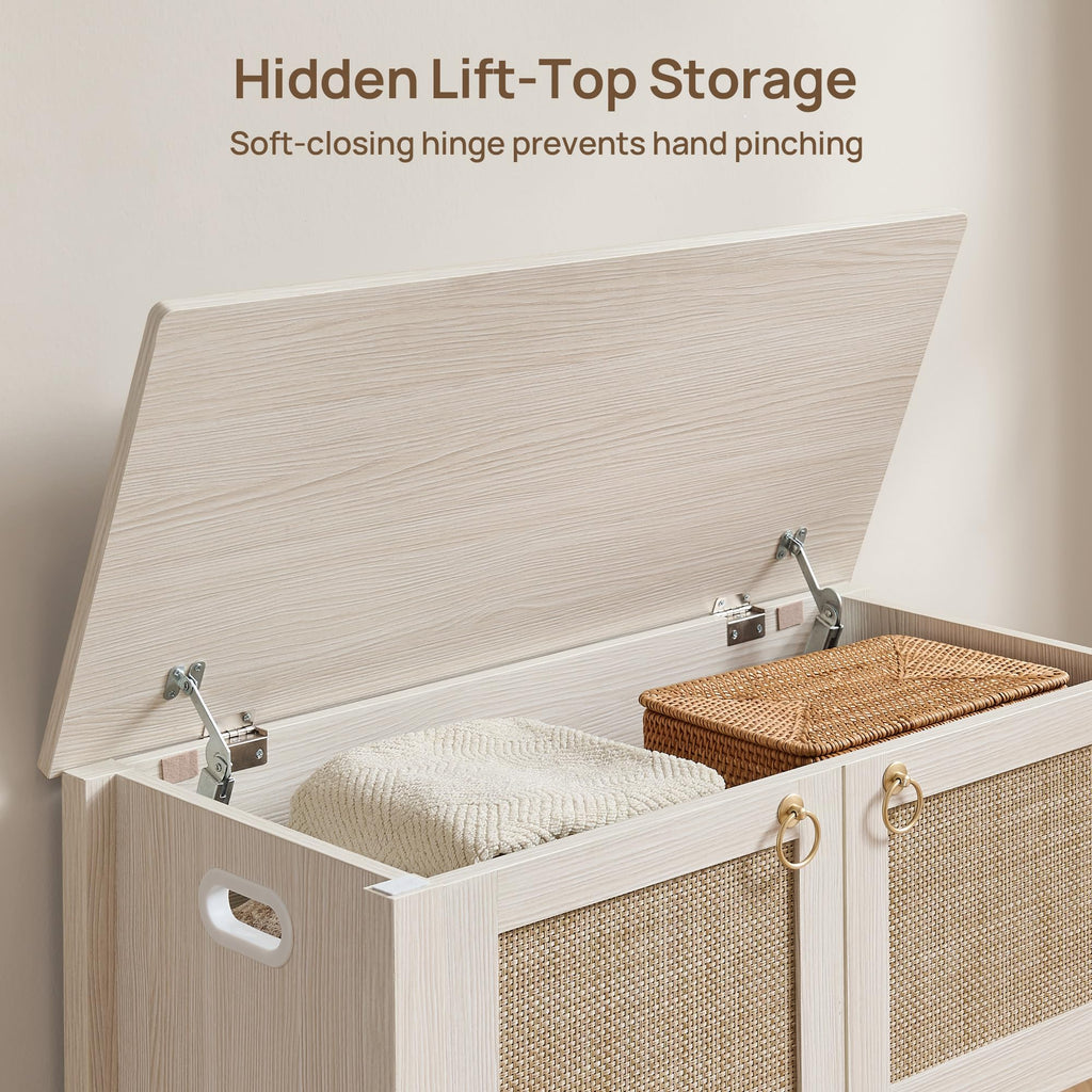 Rattan Storage Bench Boho Storage Chest with 2 Safety Hinges