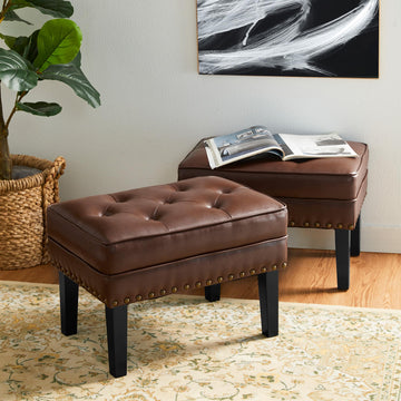 Set of 2 Faux Leather Foot Stool, Mid Century Modern Foot Stools Ottoman, Vintage Ottoman Tufted Square Vanity Seat