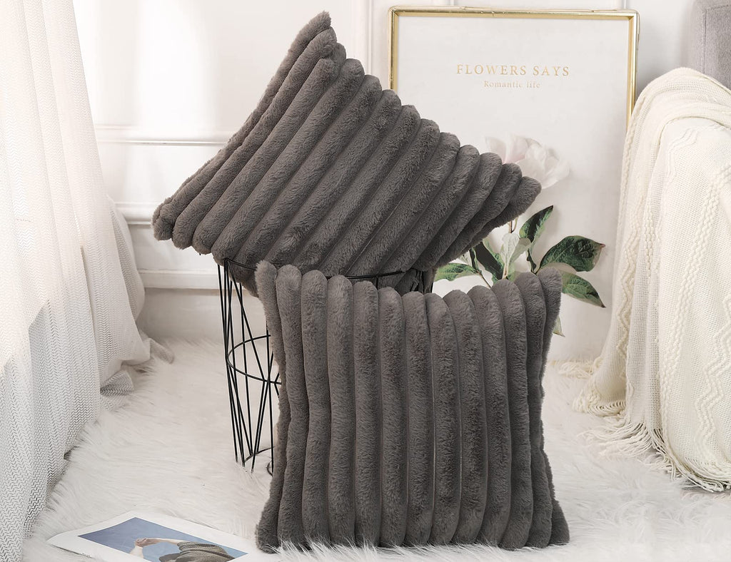 Set of 2 Faux Fur Decorative Throw Pillow Covers 18 x 18 Grey, Luxury Plush Modern Accent Funky Boho Pillow Covers