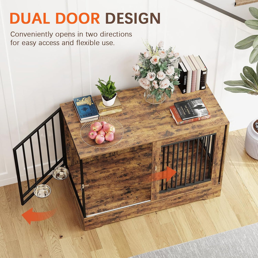Dog Crate Furniture with Sliding Door: Heavy Duty Dog Kennel with Dog Bowls, Wooden Dog Cage Indoor, Decorative Side
