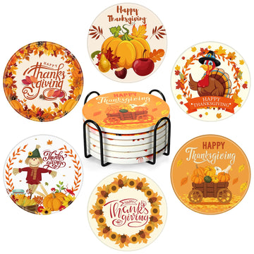6 Pcs Thanksgiving Coasters with Holder Fall Ceramic Coasters