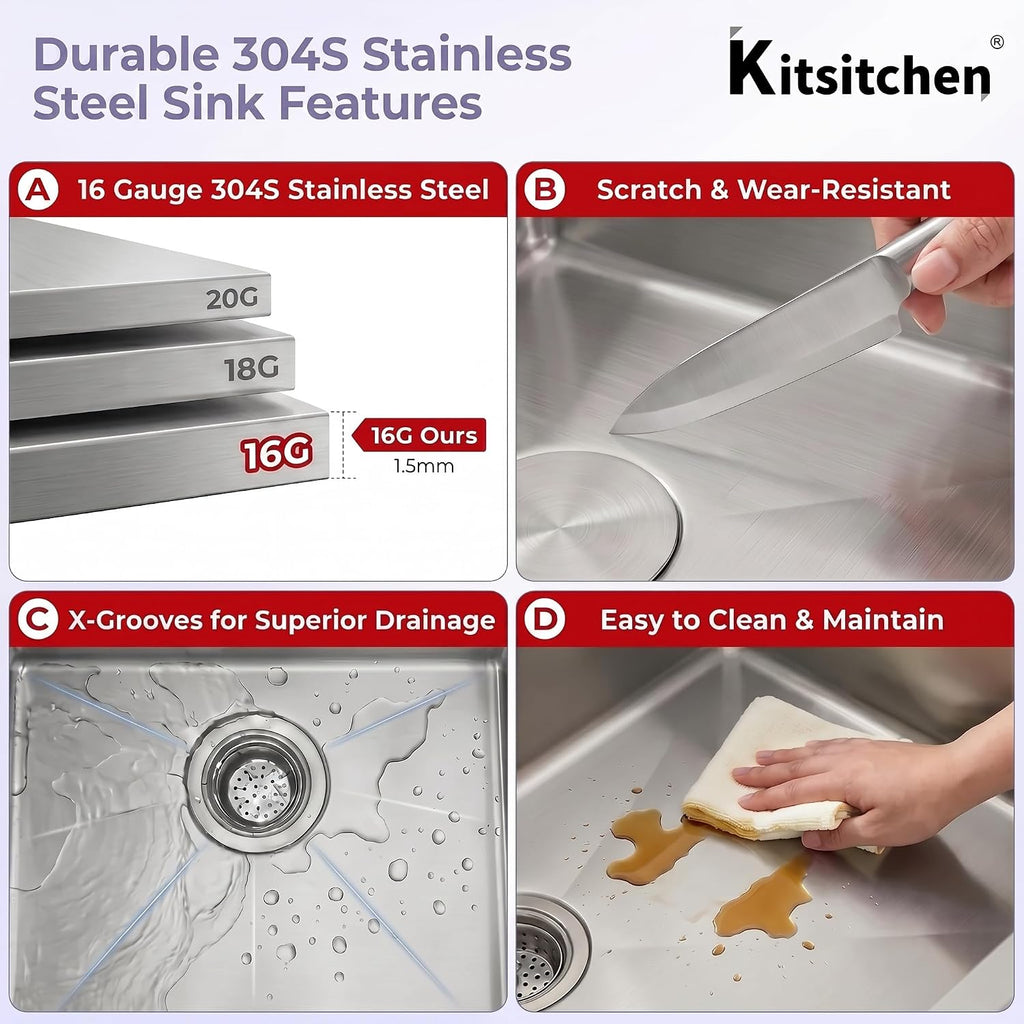 Double Undermount Kitchen Sinks 30 Inch, 16 Gauge T304 Stainless Steel Sink | 30" x 18" x 10" Deep Large Workstation