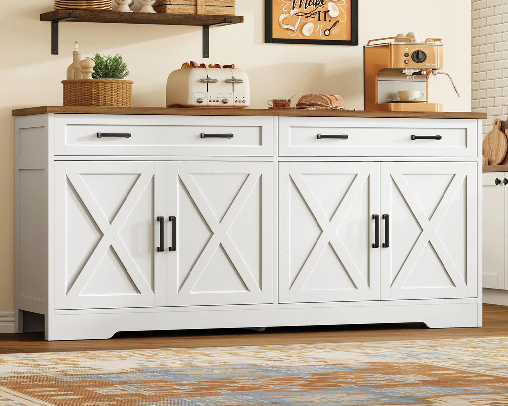 63" W Buffet Cabinet with Storage, Sideboard Cabinet with 2 Adjustable Shelves and 4 Doors, Modern Farmhouse Coffee