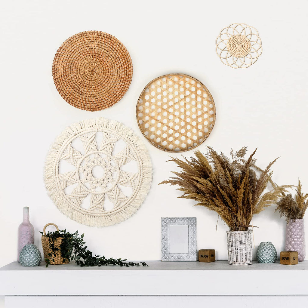 4 Pack Wall Baskets Decor, Round Rattan Bamboo Woven Boho Set