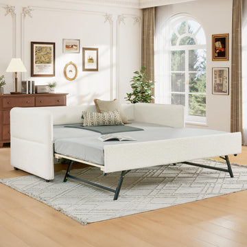 Twin Size Daybed, Upholstered Boucle Fabric Day Bed Frame with Twin Roll-Out Trundle and Wood Slats Support, No Box